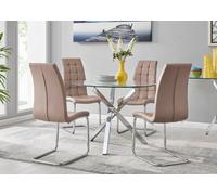 Selina Chrome Round Glass Dining Table With Four Murano Chairs Set - Cappuccino