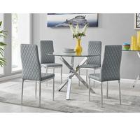 Furniturebox Selina Chrome Round Square Leg Glass Dining Table And 4 Elephant Grey Milan Chairs Set