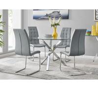 Furniturebox Selina Chrome Round Square Leg Glass Dining Table And 4 Elephant Grey Murano Chairs Set