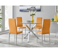 Selina Chrome Round Glass Dining Table With Four Milan Chairs Set - Mustard