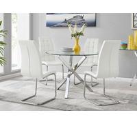 Furniturebox Selina Chrome Round Square Leg Glass Dining Table And 4 White Murano Chairs Set