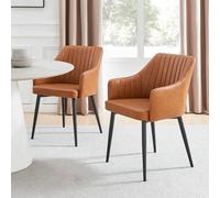 Furniturebox Set Of 2 Dining Chairs - Calla Premium Dining Chairs - Tan Faux Leather Black Leg Dining Chairs - Kitchen Dining Room Chairs