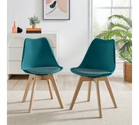 Furniturebox Set Of 2 Dining Chairs - Stockholm Scandi Dining Chairs - Blue Plastic Wood Leg Dining Chairs - Kitchen Dining Room Chairs