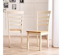 Furniturebox Uk 2X Wood Dining Chair - Whitby Cream Wooden Chairs - Oak Stain Seat - Solid Rubberwood Pair Of Dining Room Chairs