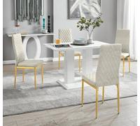Furniturebox Uk 4 Seater Dining Set - Imperia White High Gloss Dining Table And Chairs - 4 Cream Velvet Milan Gold Leg Chairs