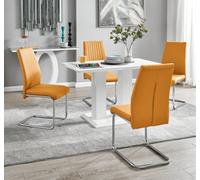 Furniturebox Uk 4 Seater Dining Set - Imperia White High Gloss Dining Table And Chairs - 4 Mustard Lorenzo Chrome Dining Chairs