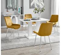 Furniturebox Uk 4 Seater Dining Set - Imperia White High Gloss Dining Table And Chairs - 4 Mustard Pesaro Silver Leg Chairs