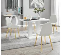 Furniturebox Uk 4 Seater Dining Set - Imperia White High Gloss Dining Table And Chairs - 4 White Corona Gold Chairs