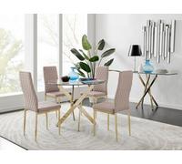 FurnitureboxUK Novara 100cm Round Tempered Glass Dining Table with Gold Legs & 4 Milan Faux Leather Chairs in Beige FurnitureboxUK Beige