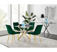 FurnitureboxUK Novara 100cm Round Tempered Glass Dining Table with Gold Legs & 4 Pesaro Velvet Chairs in Green FurnitureboxUK Green