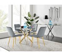 FurnitureboxUK Novara 100cm Round Tempered Glass Dining Table with Gold Legs & 4 Pesaro Velvet Chairs in Grey FurnitureboxUK Grey
