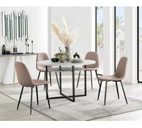 FurnitureboxUK Adley Grey Concrete Effect & Black Round Dining Table with Shelf & 4 Faux Leather Corona Dining Chairs in Beige FurnitureboxUK Beige