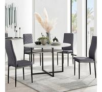 FurnitureboxUK Adley Grey Concrete Effect & Black Round Dining Table with Shelf & 4 Velvet Milan Dining Chairs FurnitureboxUK Grey