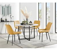 FurnitureboxUK Adley Grey Concrete Effect & Black Round Dining Table with Shelf & 4 Velvet Pesaro Dining Chairs in Mustard FurnitureboxUK Mustard