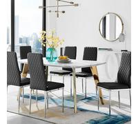 Furniturebox Uk Andria Gold Leg Marble Effect Dining Table And 6 Black Milan Chairs