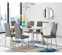 Furniturebox Uk Andria Gold Leg Marble Effect Dining Table And 6 Grey Milan Chairs