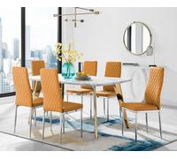 Furniturebox Uk Andria Gold Leg Marble Effect Dining Table And 6 Mustard Milan Chairs