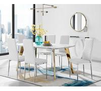 Furniturebox Uk Andria Gold Leg Marble Effect Dining Table And 6 White Milan Chairs