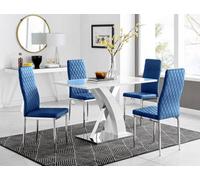 FurnitureboxUK Atlanta White High Gloss & Chrome 4 Seater Dining Table with X Shaped Legs & 4 Soft Velvet Milan Chairs in Navy FurnitureboxUK Navy
