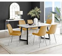Furniturebox Uk Carson White Marble Effect Dining Table & 6 Mustard Pesaro Silver Chairs