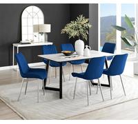 FurnitureboxUK Carson White Marble Effect Dining Table & 6 Pesaro Silver Chairs in Navy FurnitureboxUK Navy
