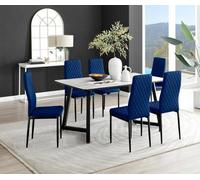 Furniturebox Uk Carson White Marble Effect Dining Table & 6 Navy Velvet Milan Black Leg Chairs