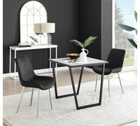 Furniturebox Uk Carson White Marble Effect Square Dining Table & 2 Black Pesaro Silver Chairs