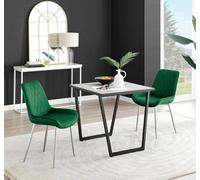 Furniturebox Uk Carson White Marble Effect Square Dining Table & 2 Green Pesaro Silver Chairs