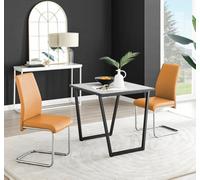 Furniturebox Uk Carson White Marble Effect Square Dining Table & 2 Mustard Lorenzo Chairs