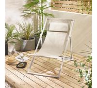 Furniturebox Uk Corsica Cream Metal & Textilene Outdoor Deckchairs With Headrest - Set Of 2 Retro Folding Chairs