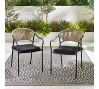 Furniturebox Uk Elba Black Metal & Light Brown Rattan Outdoor Dining Chairs - Pair With Black Cushions