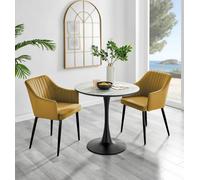 FurnitureboxUK Elina White Marble Effect Scratch Resistant Dining Table & 2 Calla Velvet Black Leg Chairs in Mustard FurnitureboxUK Mustard