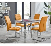 FurnitureboxUK Enna White Glass Extending 4-6 Seater Dining Table & 4 Lorenzo Faux Leather Chairs in Mustard FurnitureboxUK Mustard