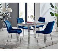 Enna White Glass Extending Dining Table With Four Pesaro Silver Leg Chairs - Navy