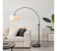 Furniturebox UK Floor Arc Lamp - Lucinda - White Fabric Shade, Black Arm, Gold Brass Accents - Statement Modern Meets Vintage Living Room Bedroom Lighting