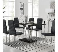 Florini Black Glass And Chrome Metal Dining Table and 6 Milan Dining Chairs Set - Black