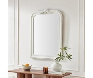Furniturebox UK 'Francis' Large White Wooden Overmantle Arch Mirror 110x74cm, Ornate Scrollwork, Moulded Ridge Arched Statement Wood Frame, Regencycore Style For Bedroom, Living Room, Hallway