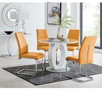 Furniturebox Uk Giovani Grey White High Gloss And Glass Large Round Dining Table And 4 Mustard Lorenzo Chairs Set