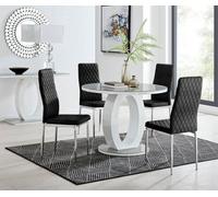 FurnitureboxUK Giovani Round 4 Seat 100cm White High Gloss Halo Base Grey Glass Top Dining Table 4 Soft Velvet Silver Leg Milan Chairs in Black FurnitureboxUK Black