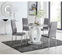 FurnitureboxUK Giovani Round 4 Seat 100cm White High Gloss Halo Base Grey Glass Top Dining Table 4 Soft Velvet Silver Leg Milan Chairs FurnitureboxUK Grey
