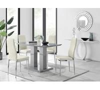 FurnitureboxUK Imperia Grey High Gloss 4 Seater Dining Table with Structural 2 Plinth Column Legs 4 Soft Velvet Silver Leg Milan Chairs in Cream FurnitureboxUK Cream