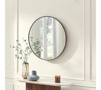 Furniturebox UK Inga 80cm Round Wooden Wall Mirror - Dark Walnut Wood Veneer Frame - Minimalist Scandi Japandi Boho Style - Ready to Hang - Ideal for Living Room, Hallway, Bedroom