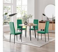 Furniturebox Uk Koko Oak Effect Round Dining Table & 4 Green Velvet Milan Black Leg Chairs