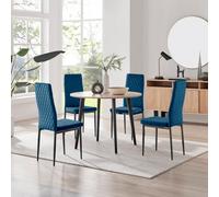 Furniturebox Uk Koko Oak Effect Round Dining Table & 4 Navy Velvet Milan Black Leg Chairs
