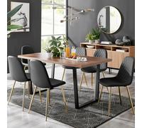 FurnitureboxUK Kylo Large Brown Wood Effect Dining Table & 6 Corona Gold Leg Faux Leather Chairs in Black FurnitureboxUK Black