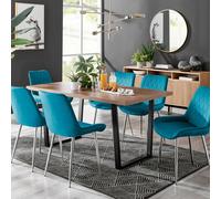 FurnitureboxUK Kylo Large Brown Wood Effect Dining Table & 6 Pesaro Velvet Silver Leg Chairs in Blue FurnitureboxUK Blue