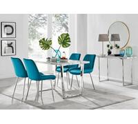 Furniturebox Uk Kylo White Marble Effect Dining Table & 4 Blue Pesaro Silver Chairs