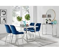 Furniturebox Uk Kylo White Marble Effect Dining Table & 4 Navy Pesaro Silver Leg Chairs