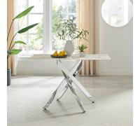 Furniturebox Uk Leonardo 4-Seater Dining Table With White Glass Marble Effect Top And Silver Legs