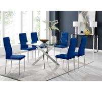 Furniturebox Uk Leonardo 6 Dining Table And 6 Navy Velvet Milan Black Leg Chairs